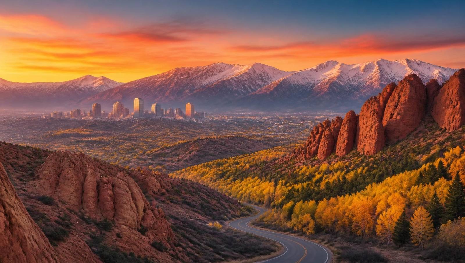 A sweeping Utah panorama at sunset with red rock formations, the Salt Lake City skyline, and the snow-capped Wasatch Mountains